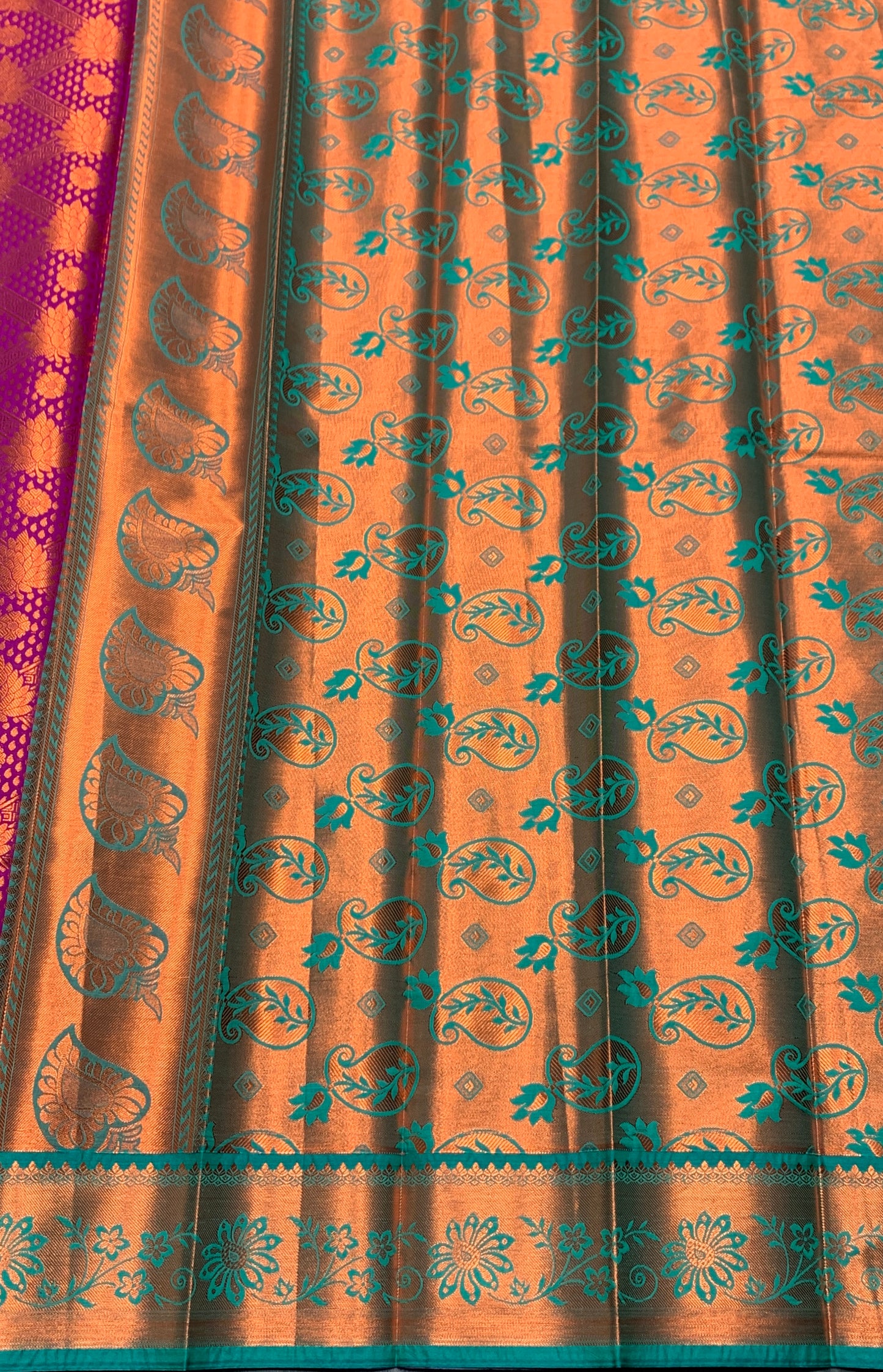Vegan Silk Saree Magenta Colour with Pink and Copper Border