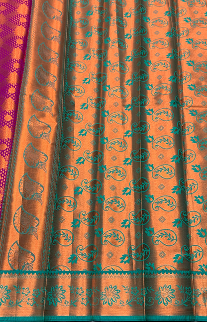 Vegan Silk Saree Magenta Colour with Pink and Copper Border