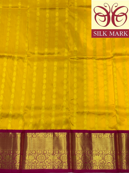 Mango Yellow Shade Pure Kanchipuram Kids Pattu Pavadai with Contrast Border for age 5 to 10