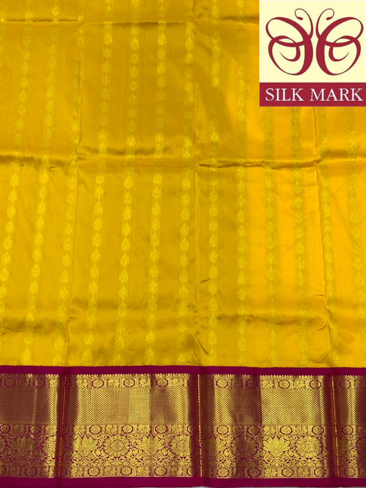 Mango Yellow Shade Pure Kanchipuram Kids Pattu Pavadai with Contrast Border for age 5 to 10