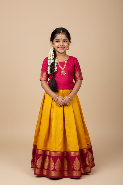 Mango Yellow Shade Pure Kanchipuram Kids Pattu Pavadai with Contrast Border for age 5 to 10