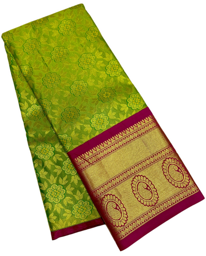 Lime Green shade Vegan Silk Kids Pattu Pavadai with Contrast border for age 5 to 10