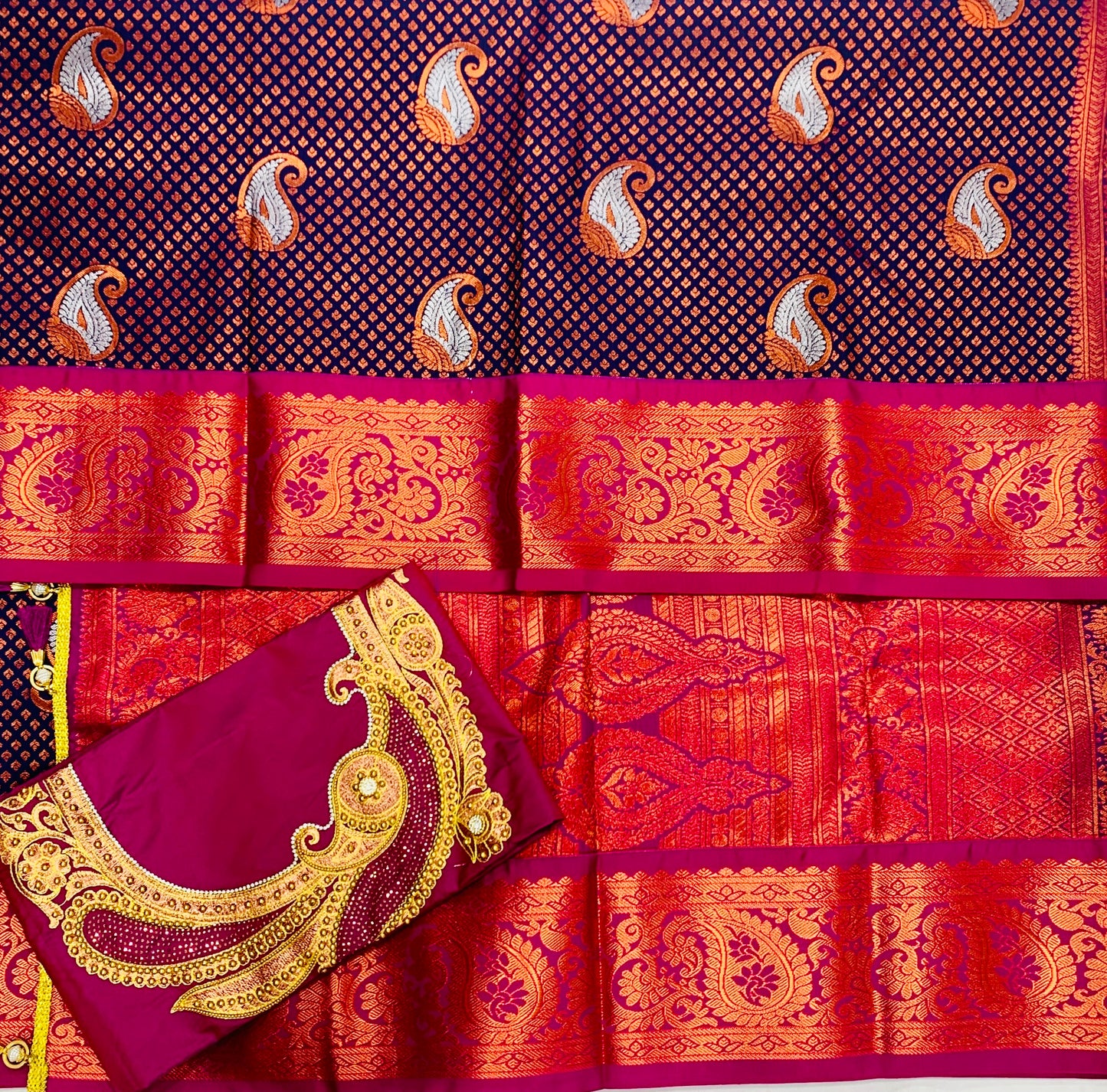 Bridal Vegan Silk Saree Navy Blue shade with Pink Border with Unstitched blouse in Aari work