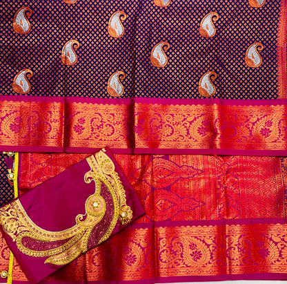 Bridal Vegan Silk Saree Navy Blue shade with Pink Border with Unstitched blouse in Aari work