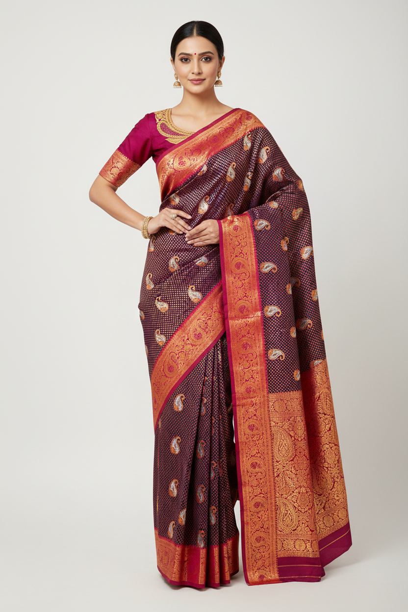 Bridal Vegan Silk Saree Navy Blue shade with Pink Border with Unstitched blouse in Aari work