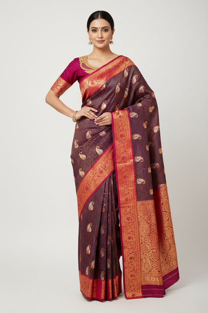 Bridal Vegan Silk Saree Navy Blue shade with Pink Border with Unstitched blouse in Aari work