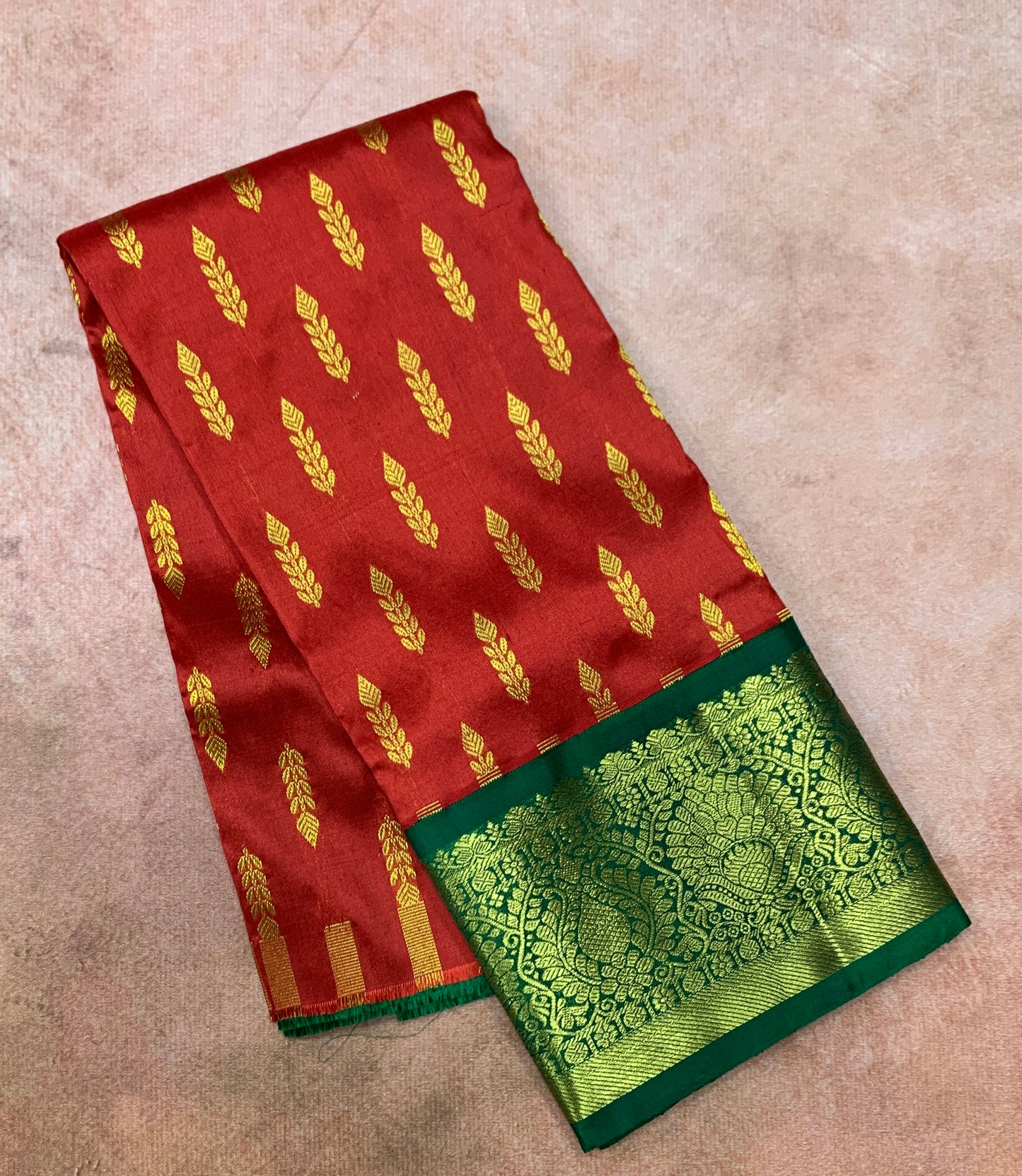 Red Shade Pure kanchipuram Kids Pattu Pavadai with Contrast Border for Newborn to 2 Years