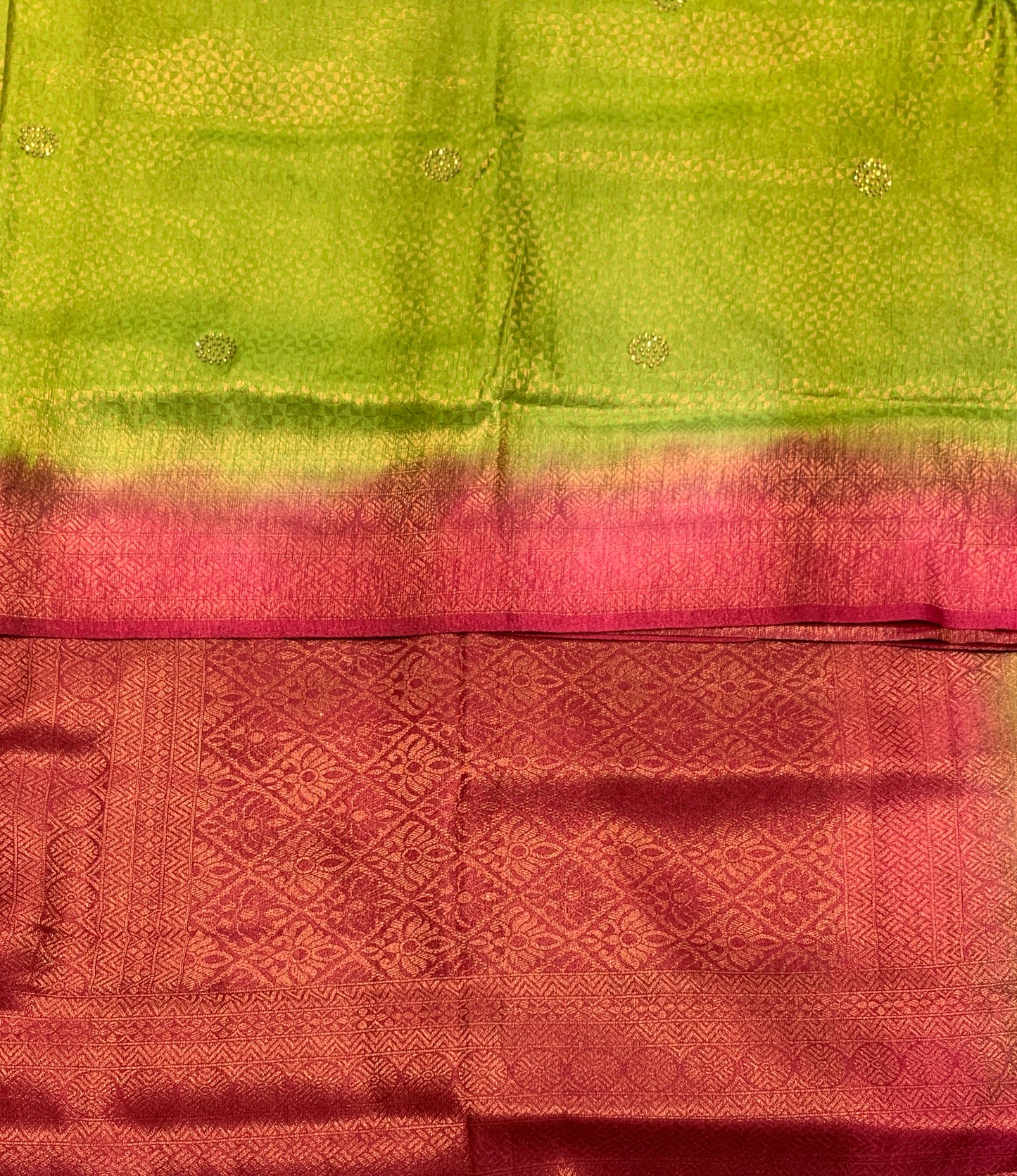 Soft Silk Saree Olive Green Colour and Stone Work with Pink Colour Pallu