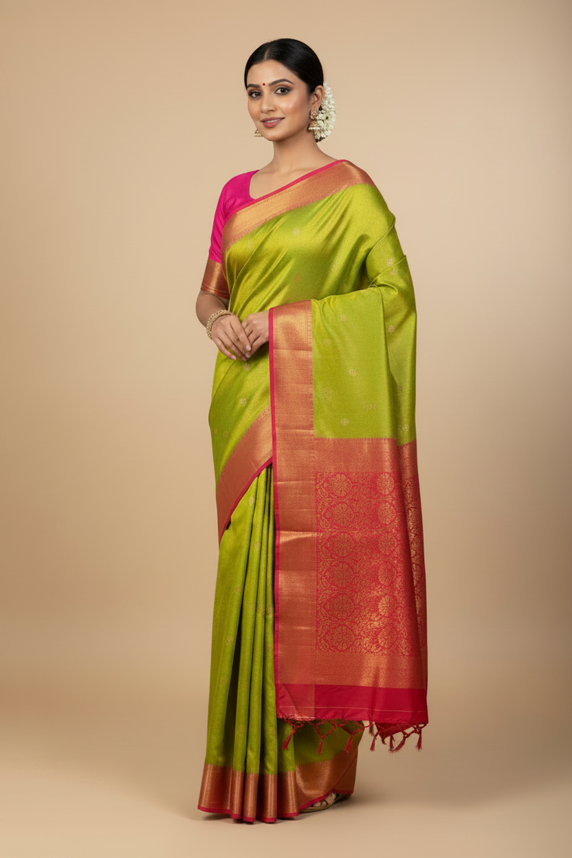 Soft Silk Saree Olive Green Colour and Stone Work with Pink Colour Pallu