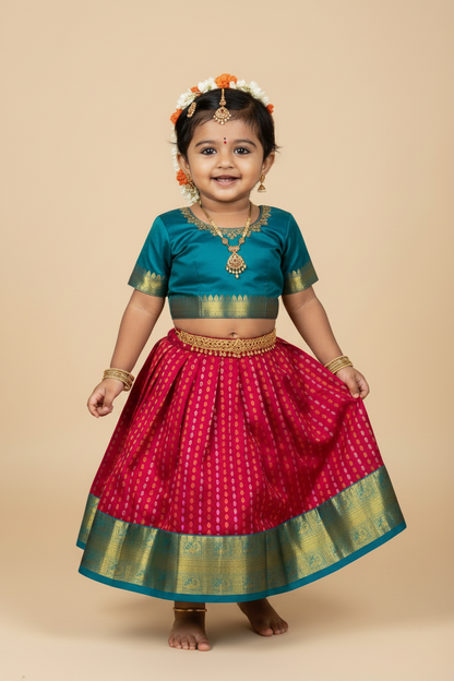Pink shade Pure Kanchipuram Kids Pattu Pavadai with Contrast border for age 5 to 10