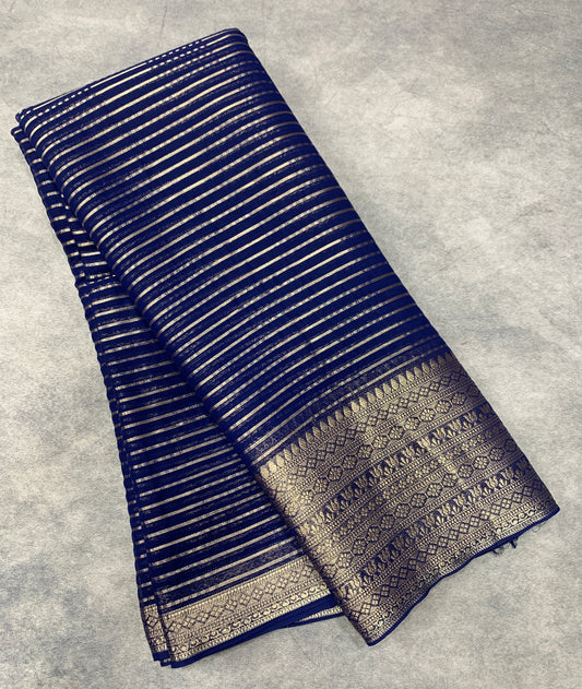 Georgette Saree Navy Blue Colour with Sliver Floral Design Border