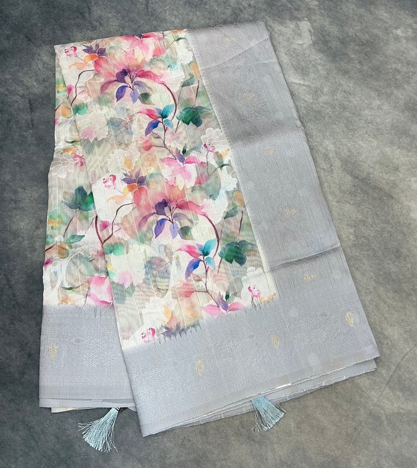 Digital Print Cotton Saree Gray Colour with Floral Pattern