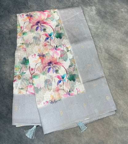 Digital Print Cotton Saree Gray Colour with Floral Pattern