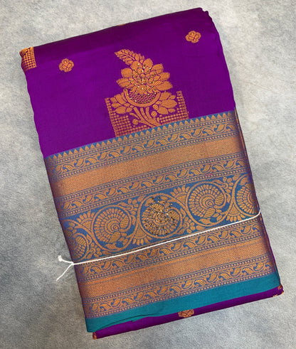 Soft Silk Casual Saree Purple Colour with Rama Green and Golden Colour Border