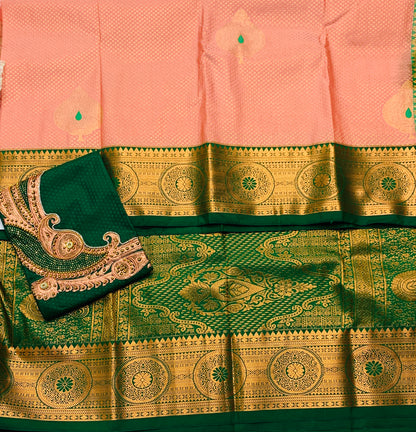 Bridal Vegan Silk Saree Sandal Colour with Green Border with Unstitched blouse in Aari work