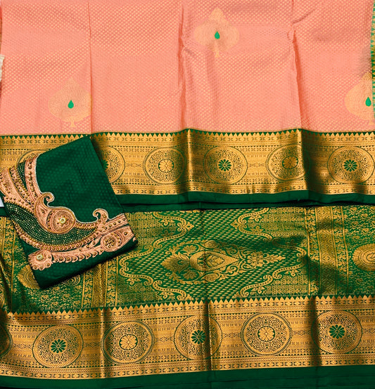 Bridal Vegan Silk Saree Sandal Colour with Green Border with Unstitched blouse in Aari work