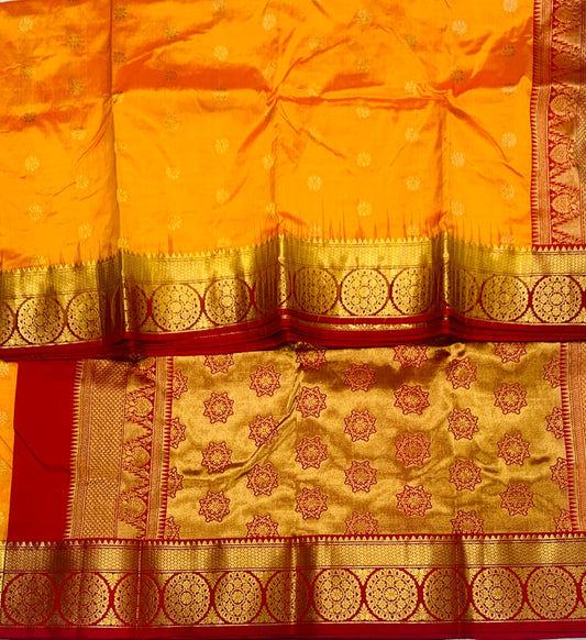 Pure Kanchipuram Silk Saree Yellow shade with Red Border