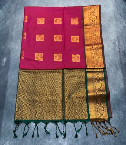 Soft Vegan Silk Saree Redish Pink Colour with Green and Copper Border