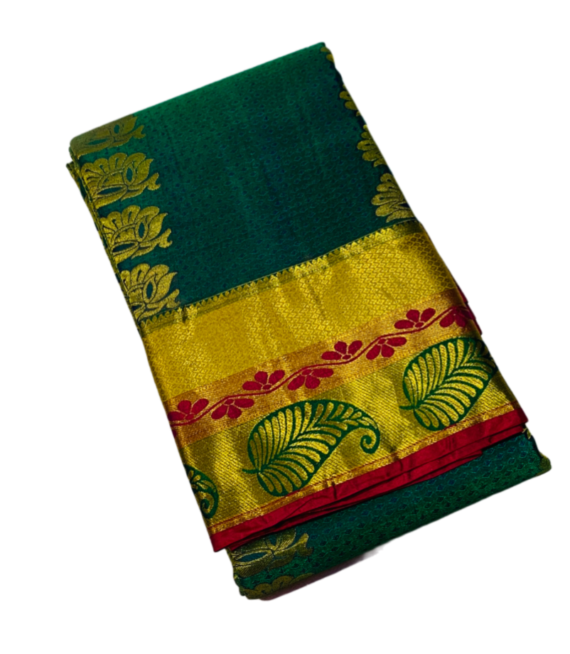 Vegan Silk Saree Green with Golden and Pink Border