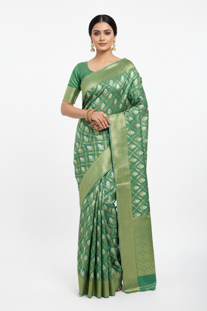 Banaras Katan Saree Emerlad Green Colour with Katan Work Border