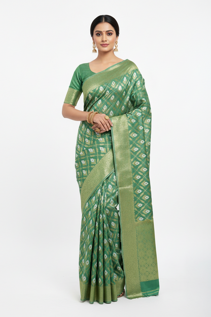 Banaras Katan Saree Emerlad Green Colour with Katan Work Border