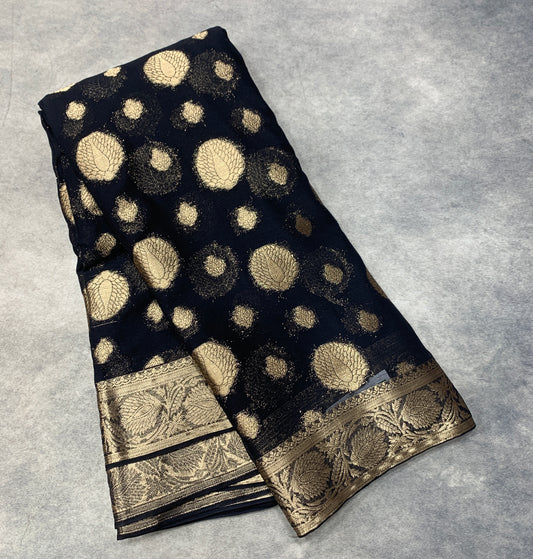 Georgette Saree Block Colour with Sliver Floral Design Border