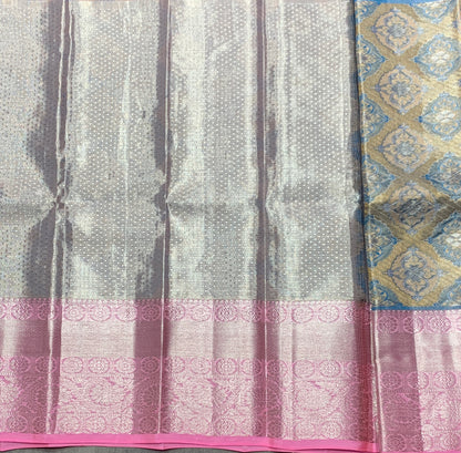 Metallic Gold Shade Pure Kanchipuram Kids Pattu Pavadai with Contrast Border for Newborn to 2 Years
