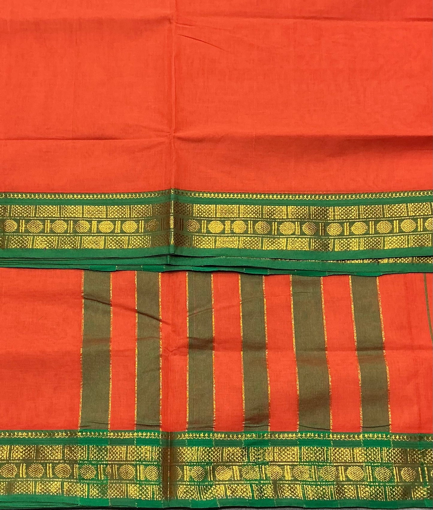 Chettinad Cotton Saree Orange Colour with Light Green Colour with Zari Work Border