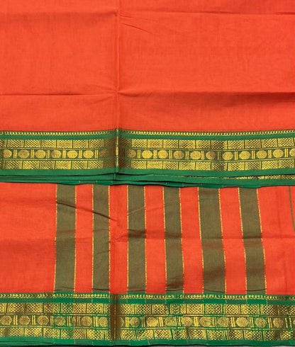 Chettinad Cotton Saree Orange Colour with Light Green Colour with Zari Work Border