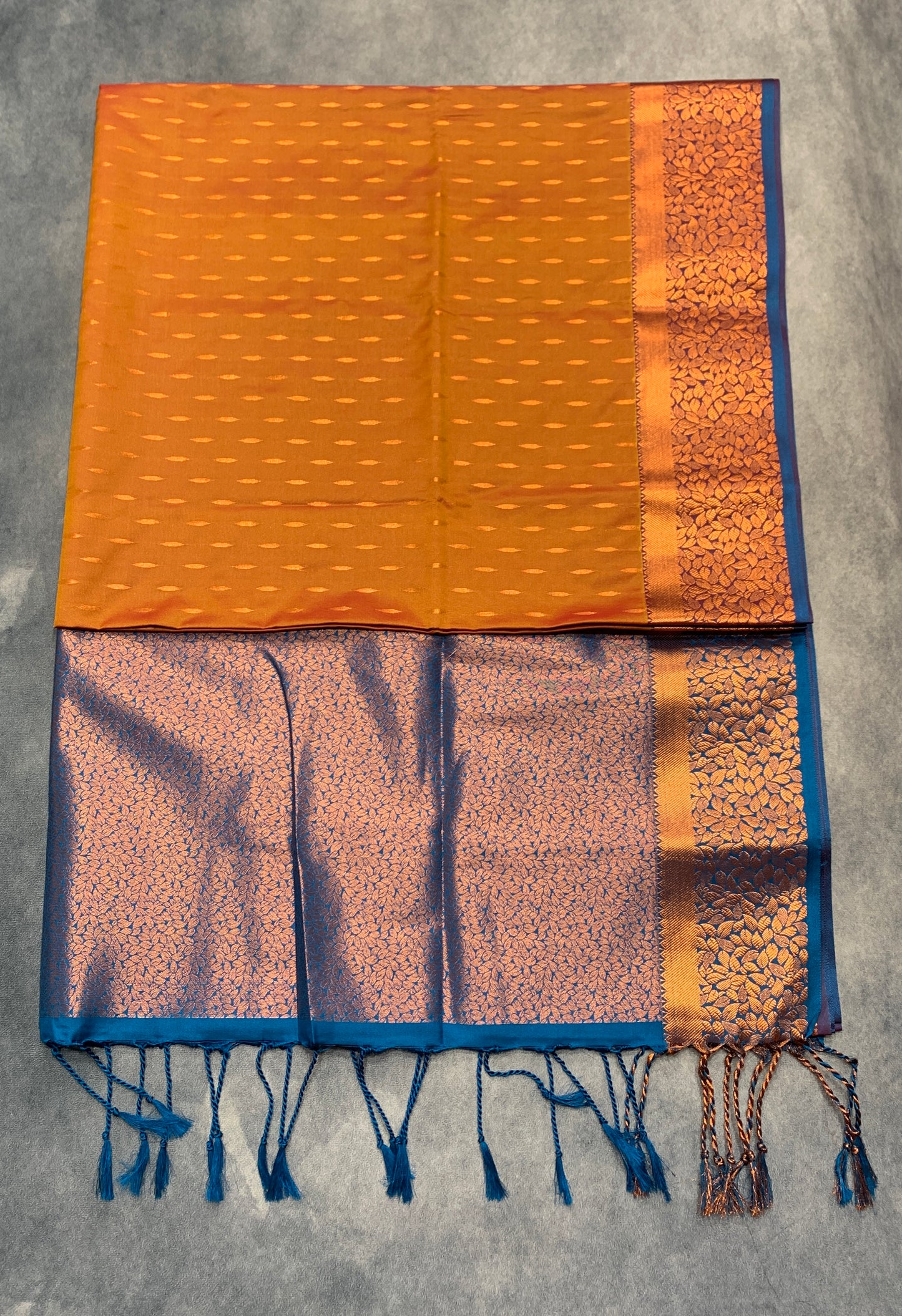Soft Vegan Silk Saree Russet Colour with Sky Blue and Copper Border