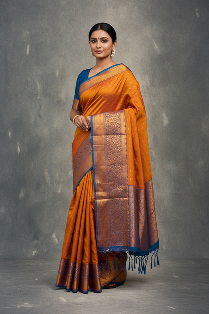Soft Vegan Silk Saree Russet Colour with Sky Blue and Copper Border