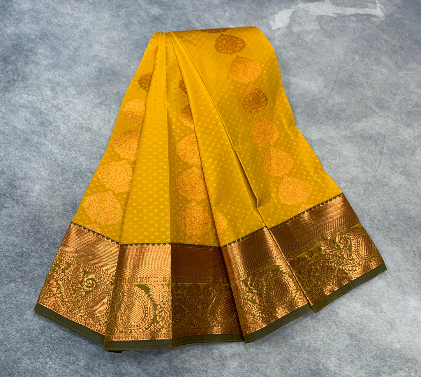 Vegan Silk Saree Mustard Colour Saree with Copper Border
