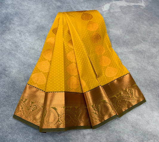 Vegan Silk Saree Mustard Colour Saree with Copper Border