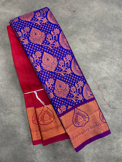Vegan Silk Saree Blue Colour with Pink and Copper Border
