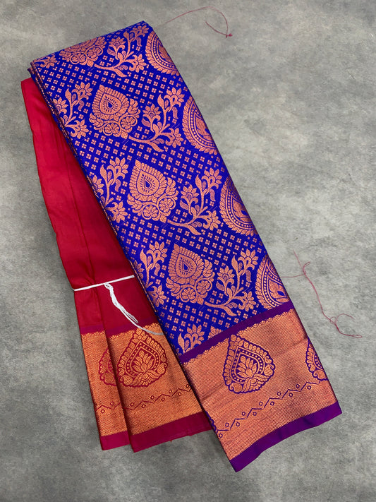Vegan Silk Saree Blue Colour with Pink and Copper Border