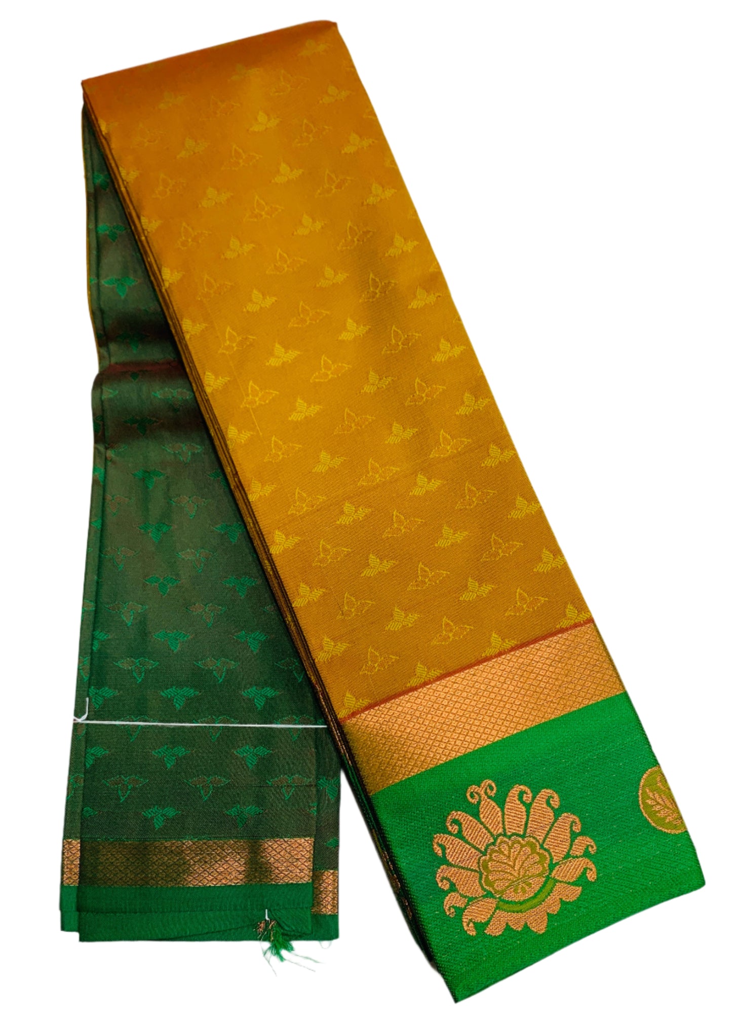 Synthetic Cotton Saree Mustard Shade with Light Green and Floral Design Border