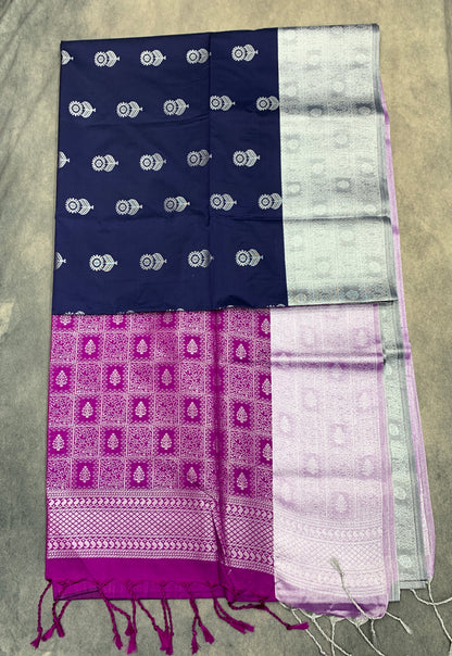 Art Silk Saree Navy Blue Colour with Sliver Zari Border