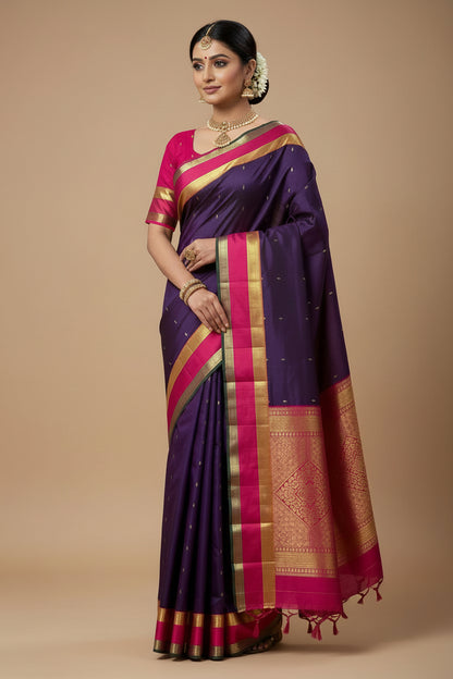 Pure Kanchipuram Silk Saree Magenta Colour with Rettai Pettu Border