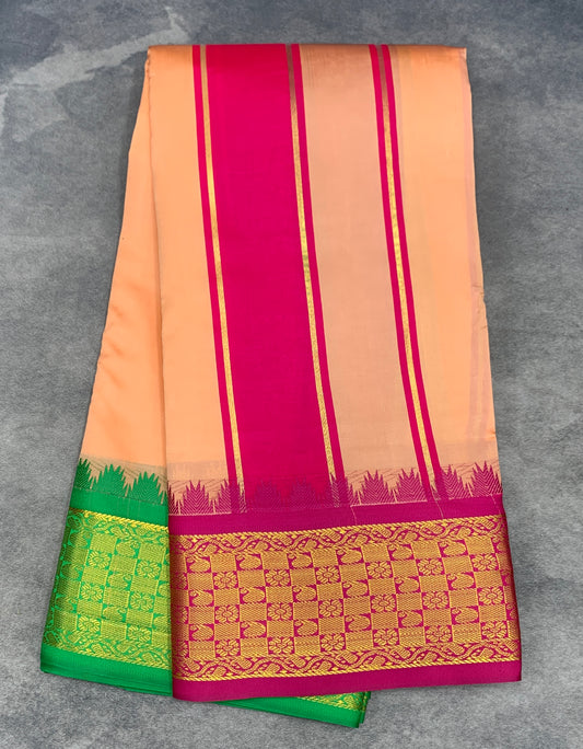 Art Silk Dhothi 9X5 Peach Colour with Pink and Light Green Colour Ganga Jamuna Border