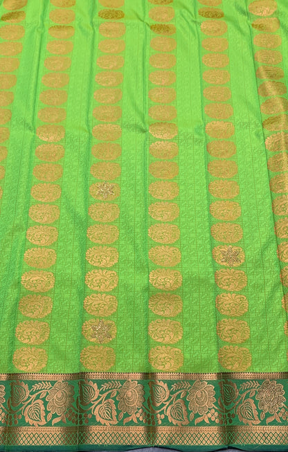 Vegan Silk Saree Light Green Colour with Copper and Green Floral Design Border