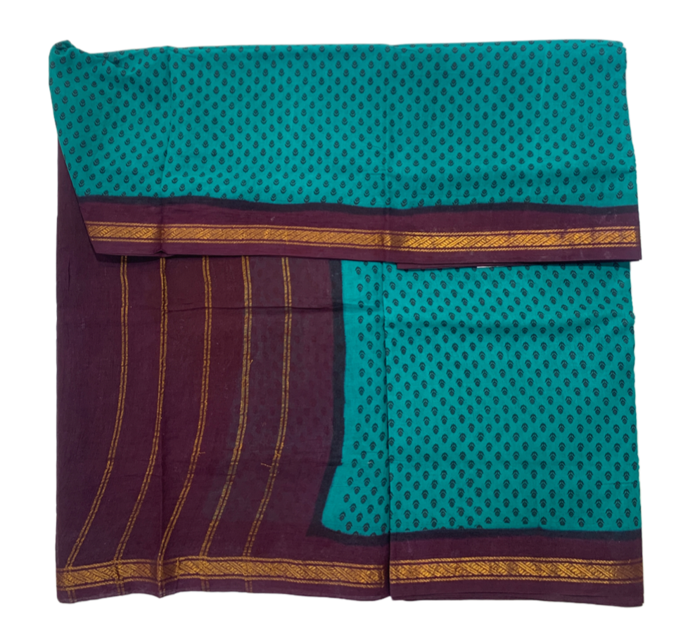 9 Yards Cotton Saree Rama Green Colour with Brown Border