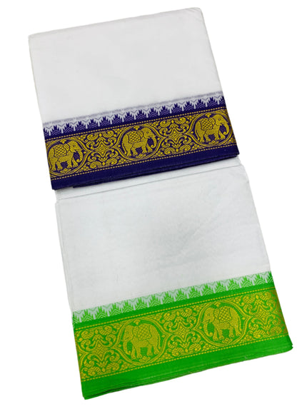 9X5 Cotton Dhoti White Colour with Blue and Light Green Border