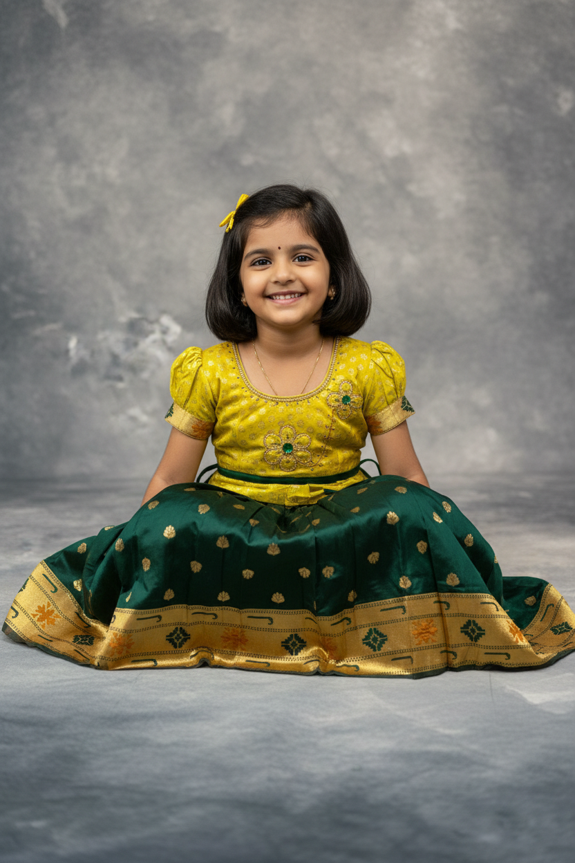 Ready To Wear Green Pavadai with Contrast Yellow Blouse