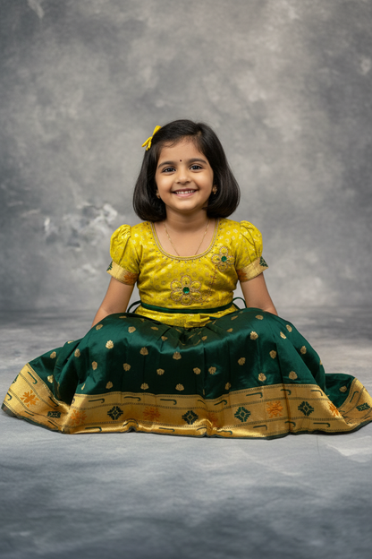 Ready To Wear Green Pavadai with Contrast Yellow Blouse