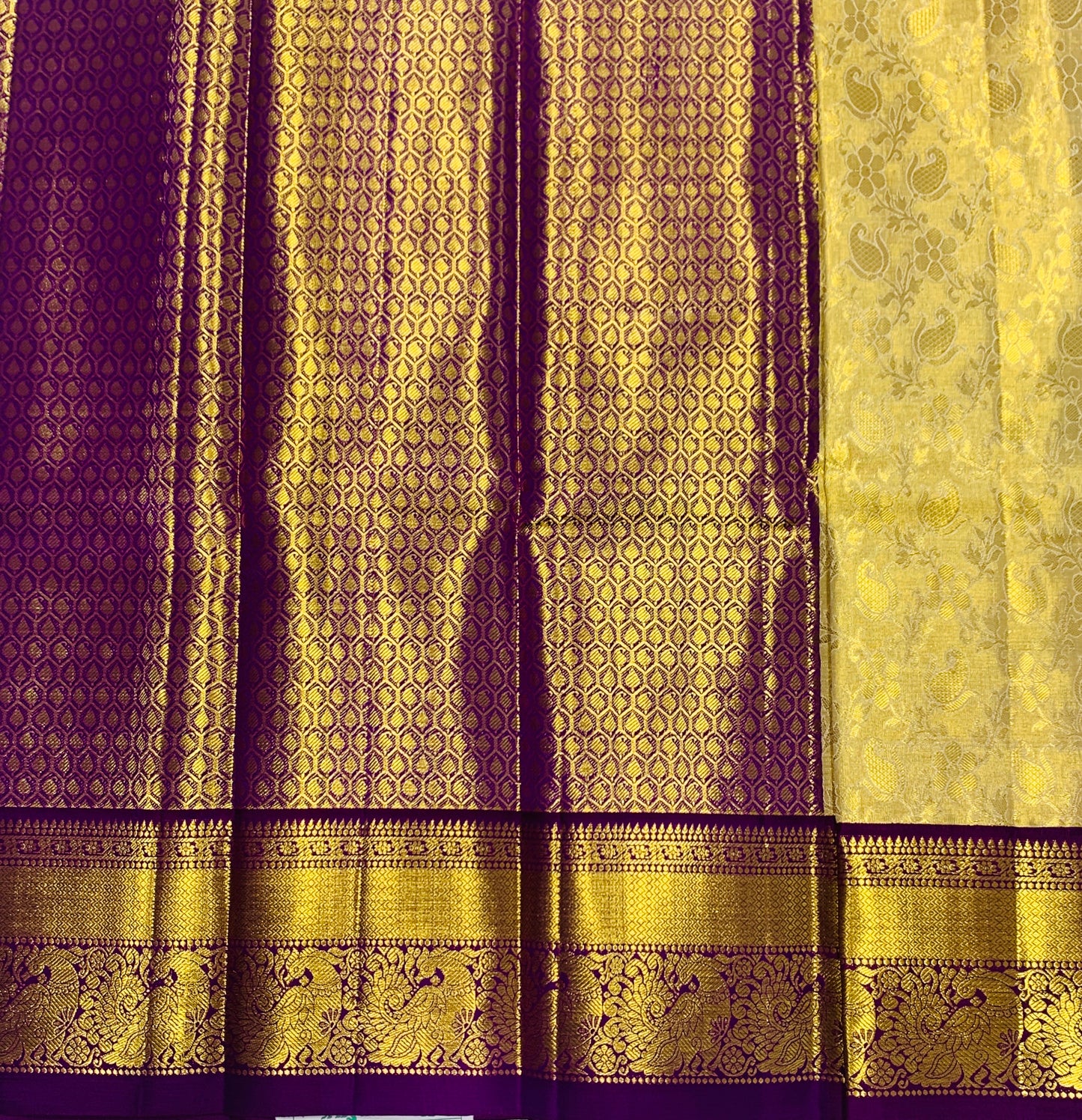 Golden shade Pure kanchipuram Kids Pattu Pavadai with contrast border for newborn to 2 Years