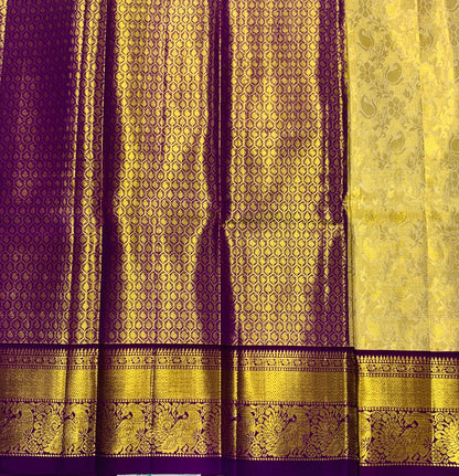 Golden shade Pure kanchipuram Kids Pattu Pavadai with contrast border for newborn to 2 Years