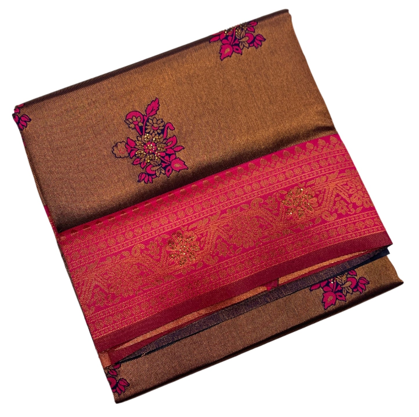 Art Silk Saree Russet Colour with Baby Pink Border