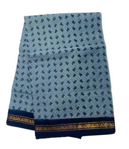 9 yards Cotton Saree Gray Colour with Navy Blue Border