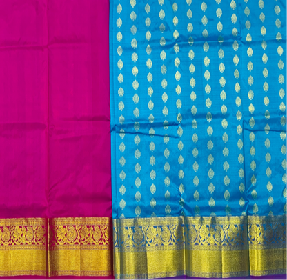 Sky Blue shade Pure Kanchipuram Kids Pattu Pavadai with contrast border for age 2 to 5