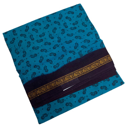 9 yards Cotton Saree Rama Blue Colour with Brown Border